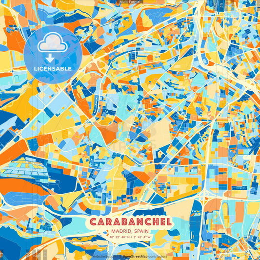 Carabanchel, Madrid, Spain blue and orange vector art map template