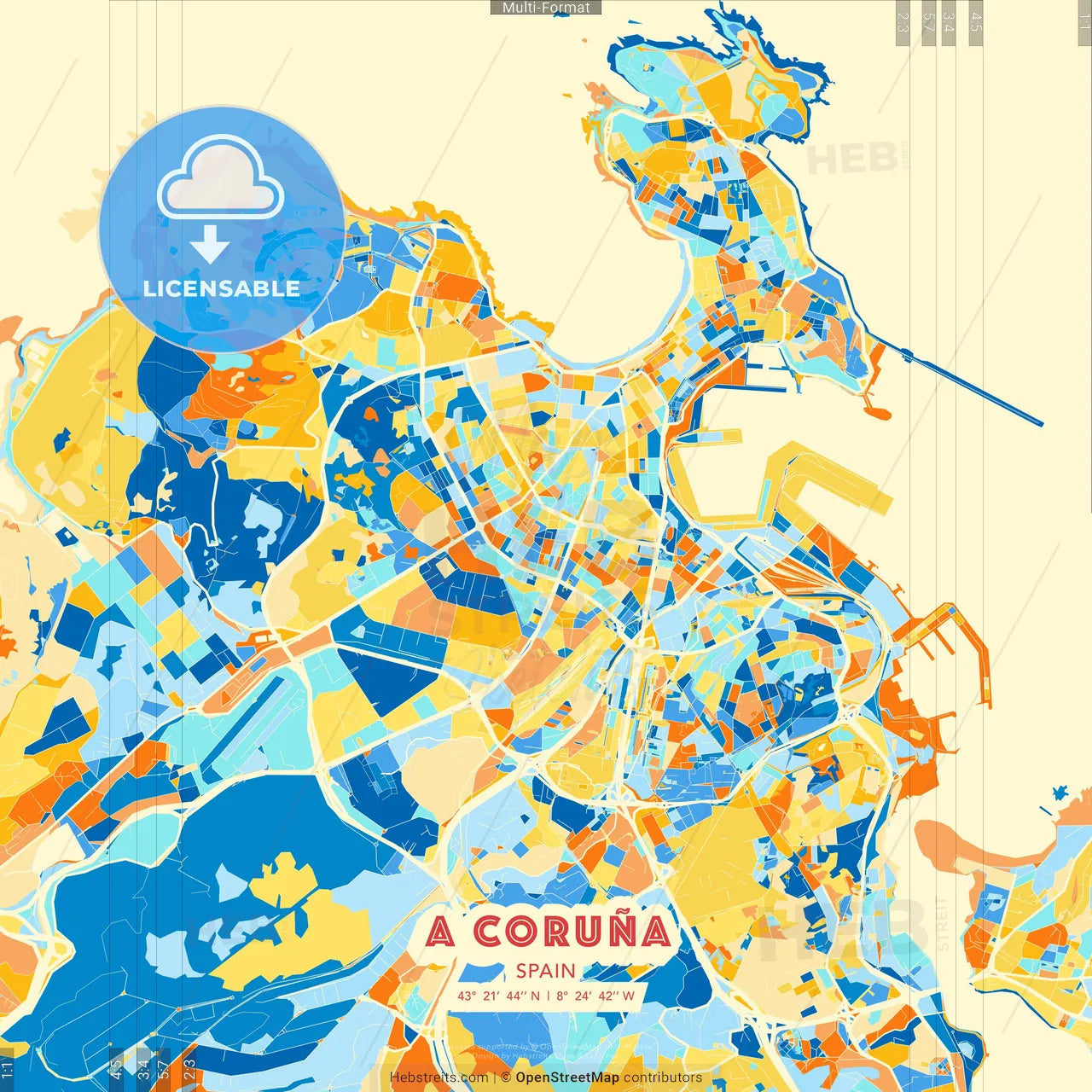 A Coruña, Spain blue and orange vector art map template