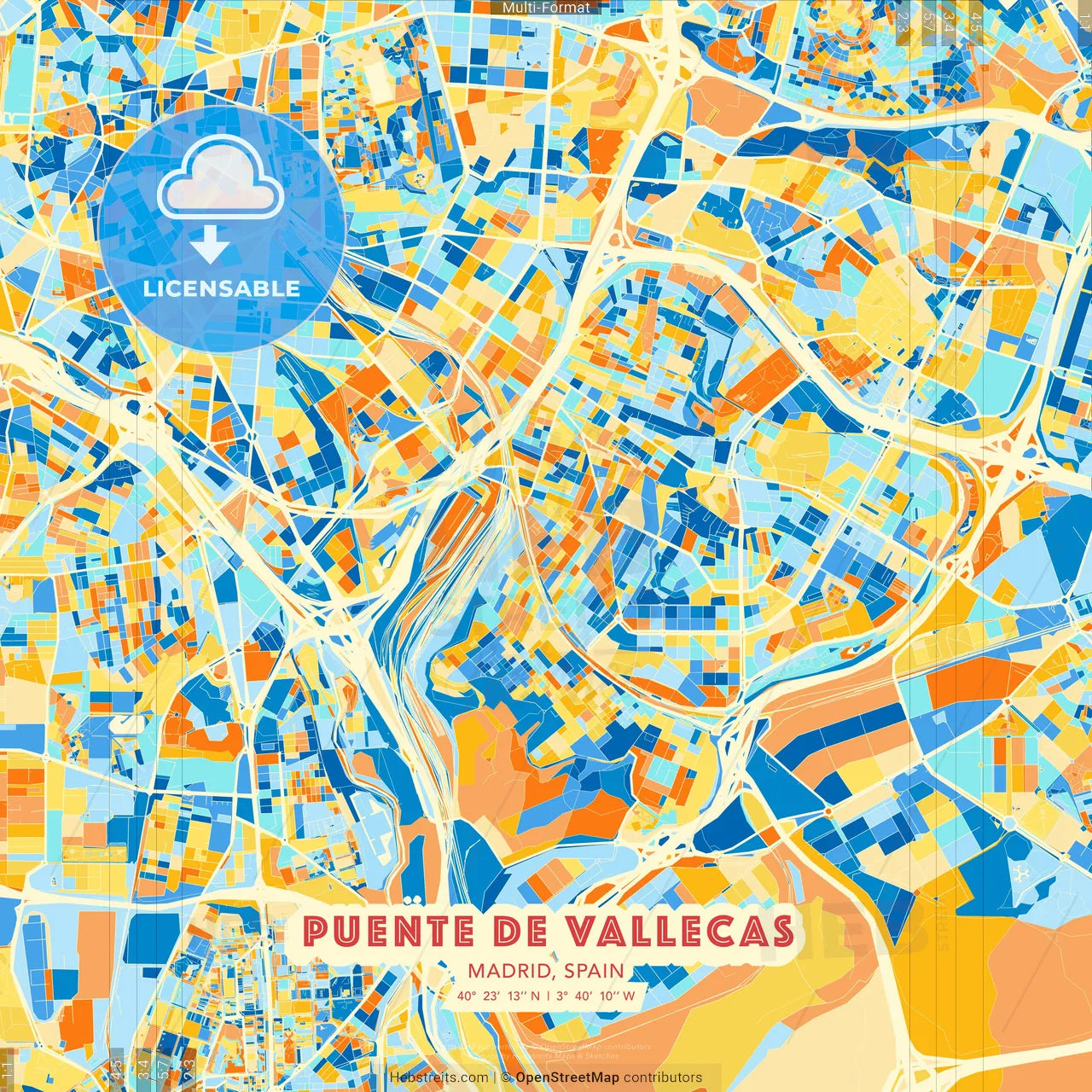 Puente de Vallecas, Madrid, Spain blue and orange vector art map template