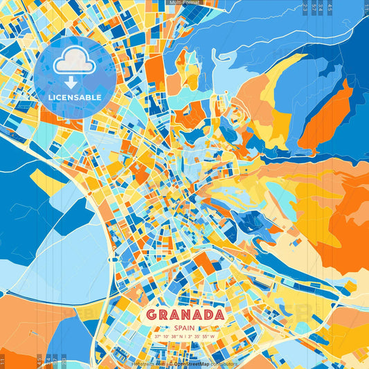 Granada, Spain blue and orange vector art map template