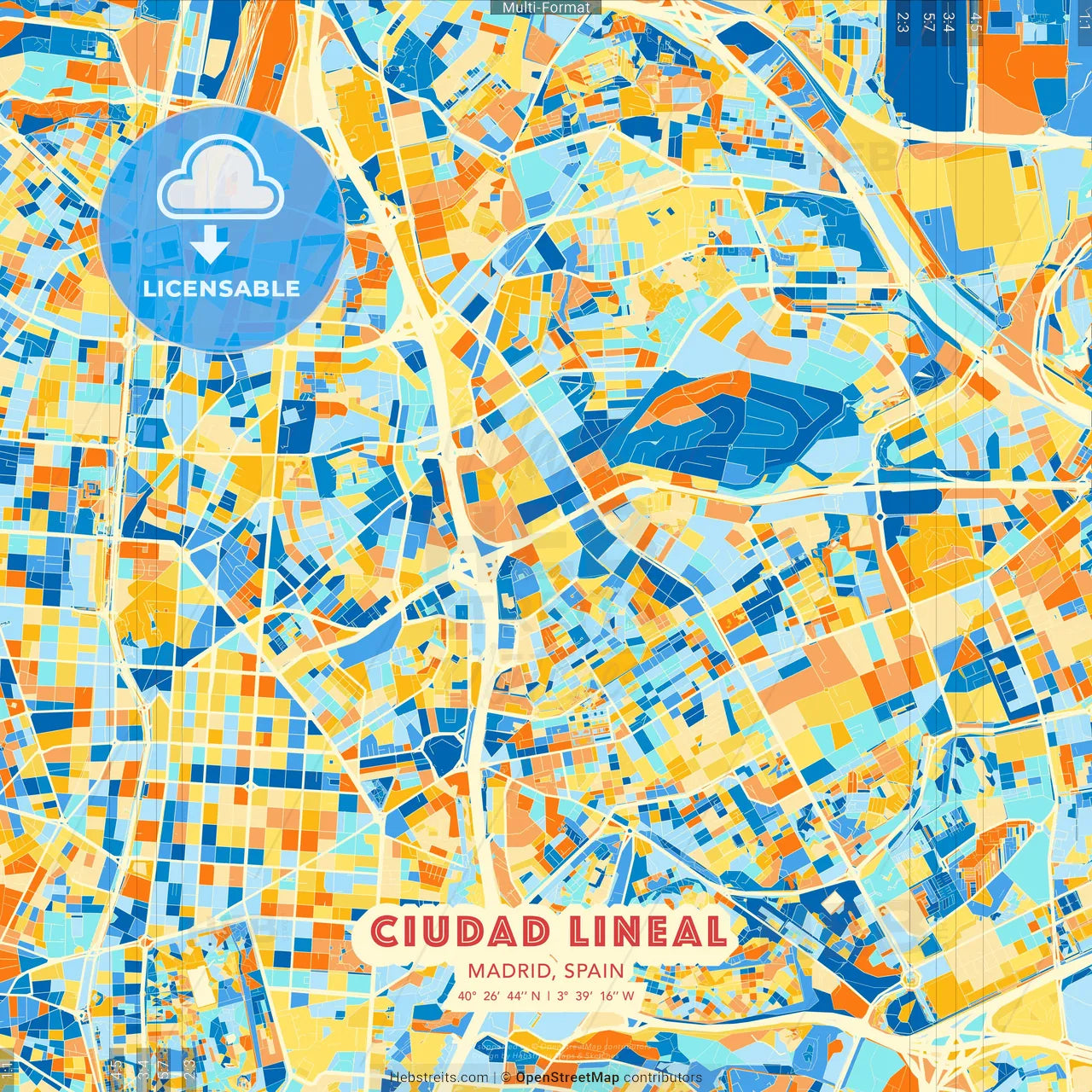 Ciudad Lineal, Madrid, Spain blue and orange vector art map template
