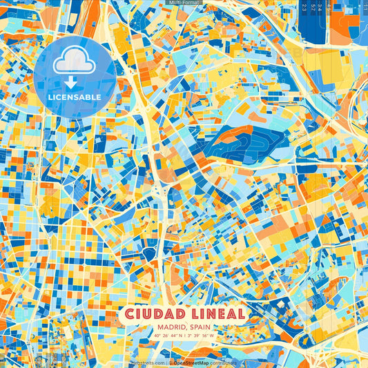 Ciudad Lineal, Madrid, Spain blue and orange vector art map template