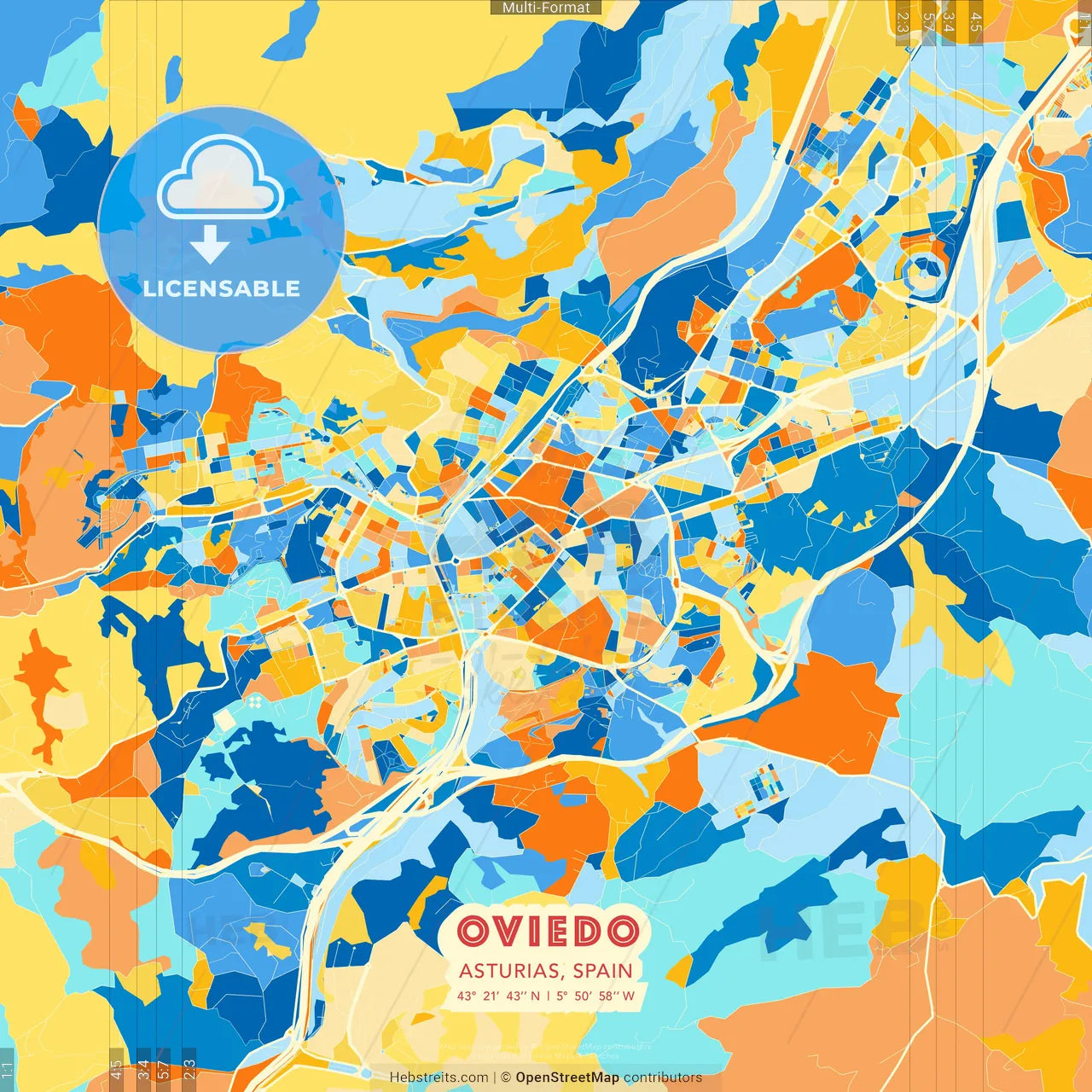 Oviedo, Asturias, Spain blue and orange vector art map template