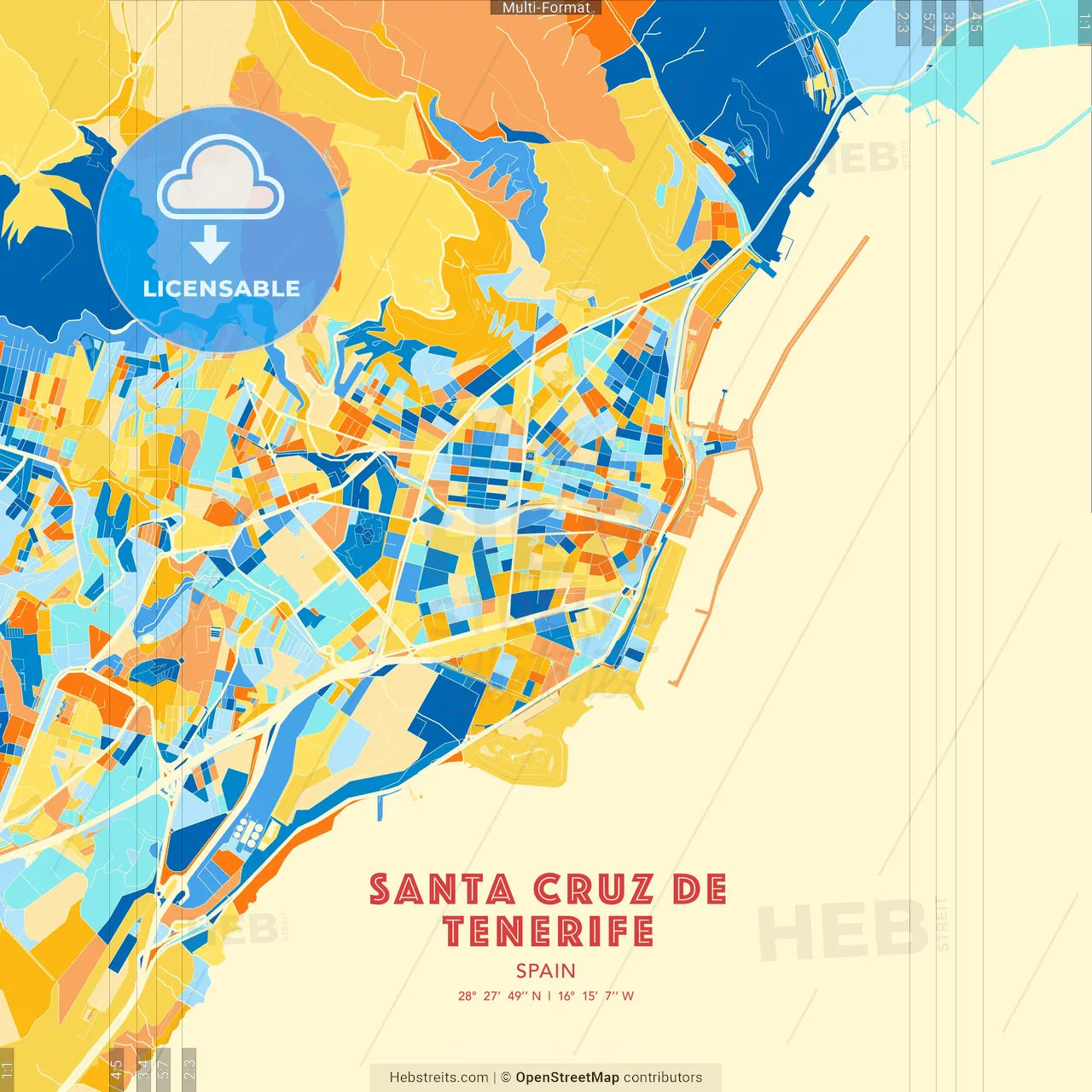 Santa Cruz de Tenerife, Spain blue and orange vector art map template