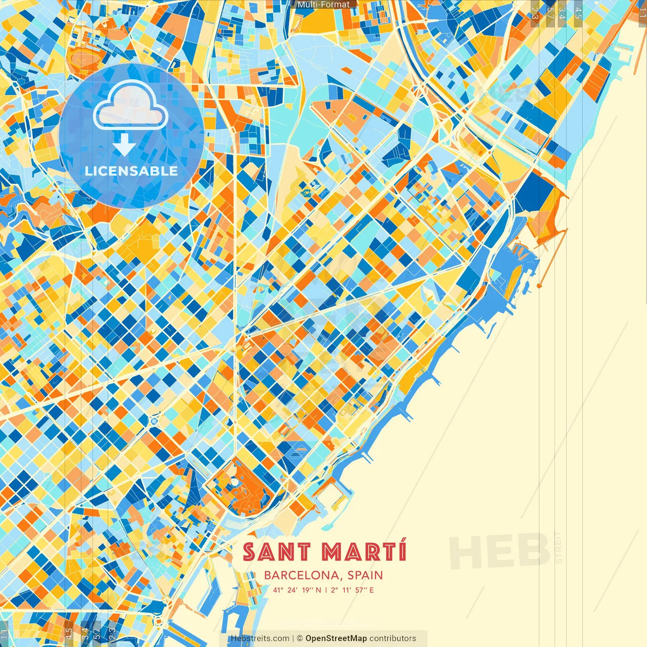 Sant Martí, Barcelona, Spain blue and orange vector art map template