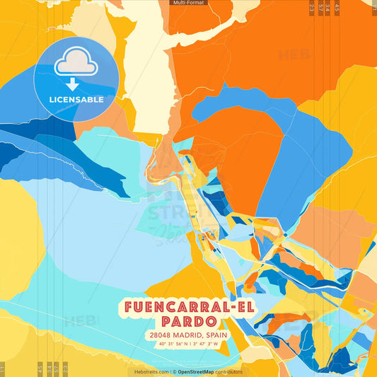Fuencarral-El Pardo, 28048 Madrid, Spain blue and orange vector art map template