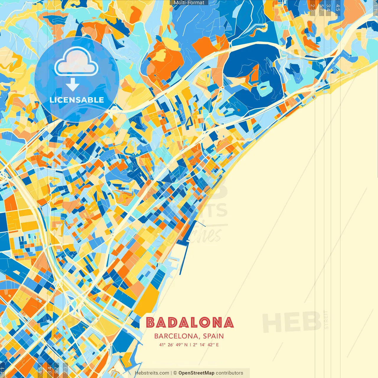 Badalona, Barcelona, Spain blue and orange vector art map template