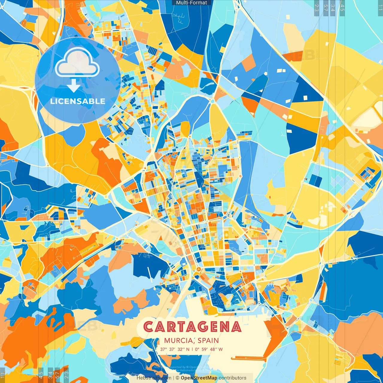 Cartagena, Murcia, Spain blue and orange vector art map template
