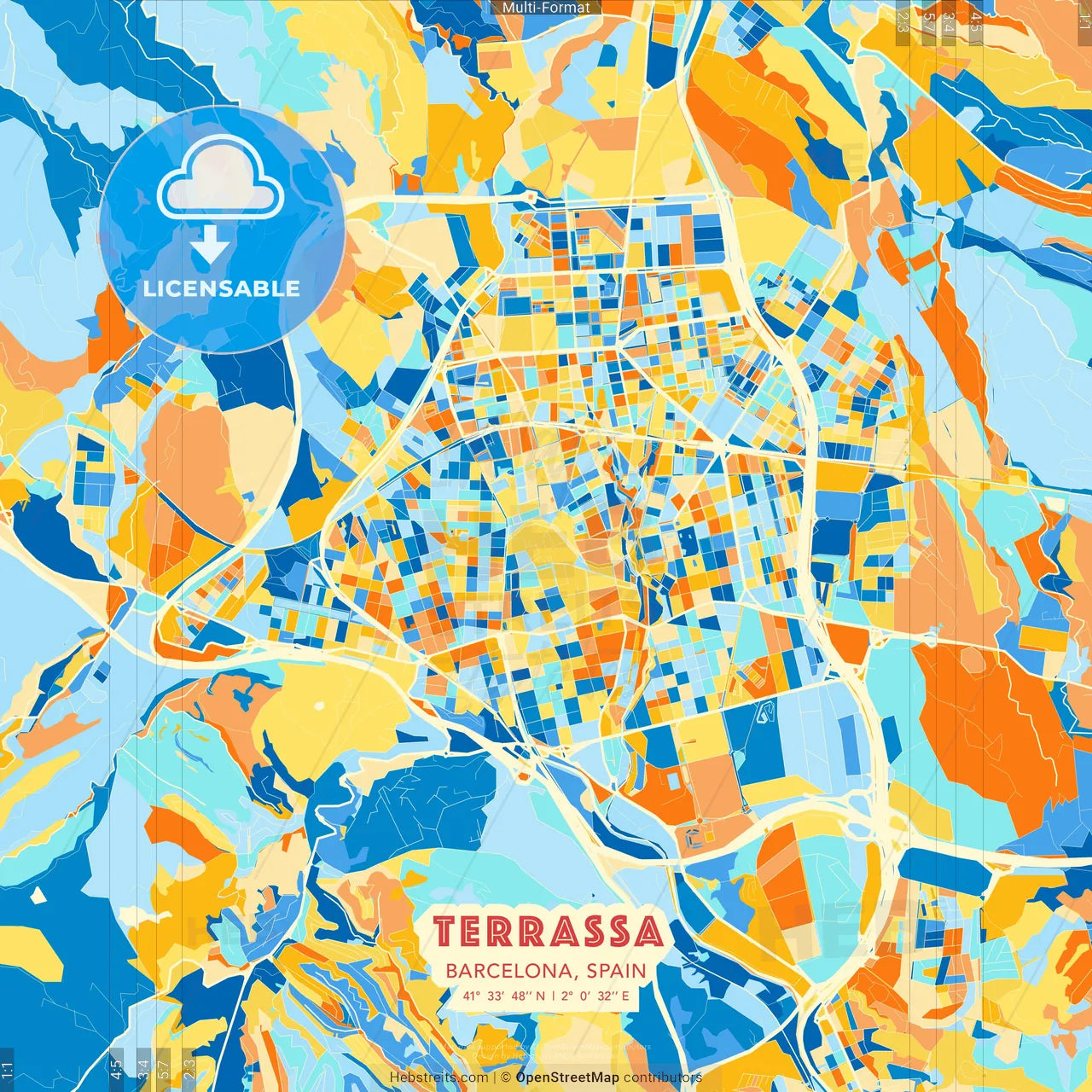 Terrassa, Barcelona, Spain blue and orange vector art map template