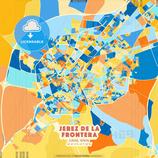 Jerez de la Frontera, Cádiz, Spain blue and orange vector art map template