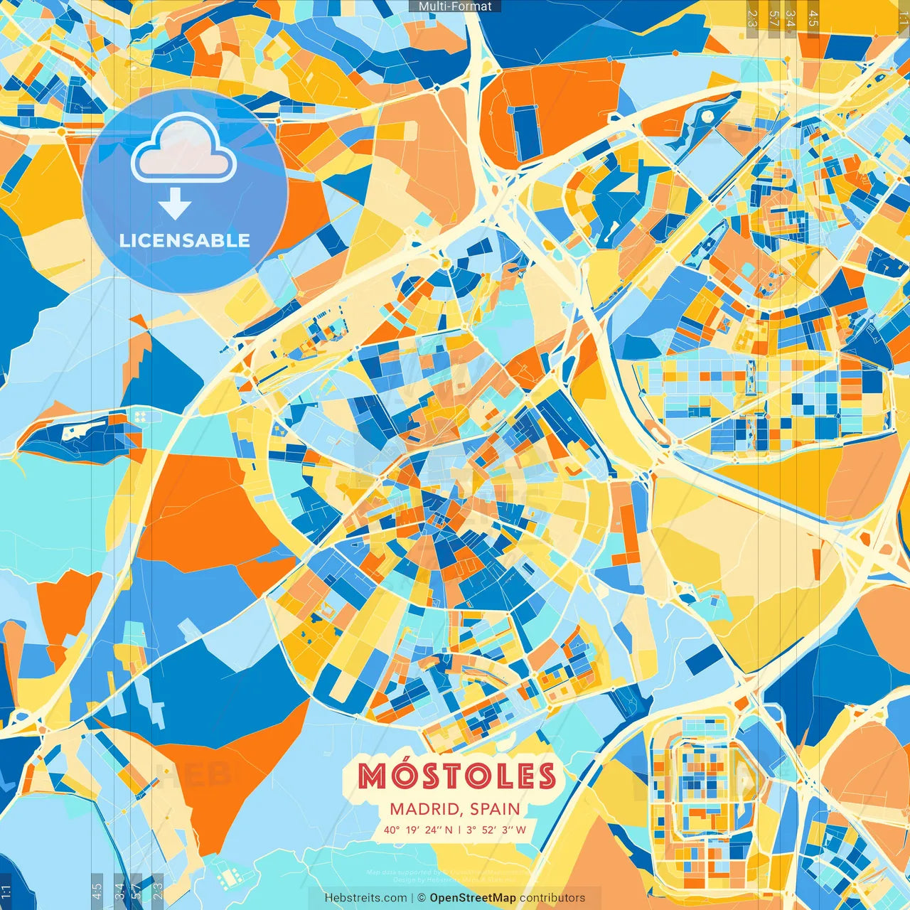 Móstoles, Madrid, Spain blue and orange vector art map template