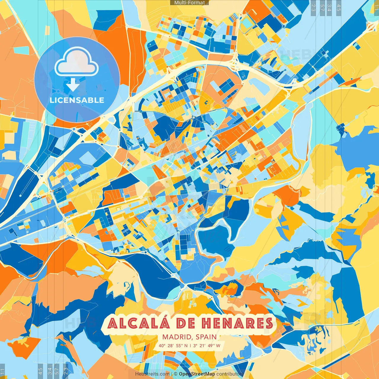 Alcalá de Henares, Madrid, Spain blue and orange vector art map template