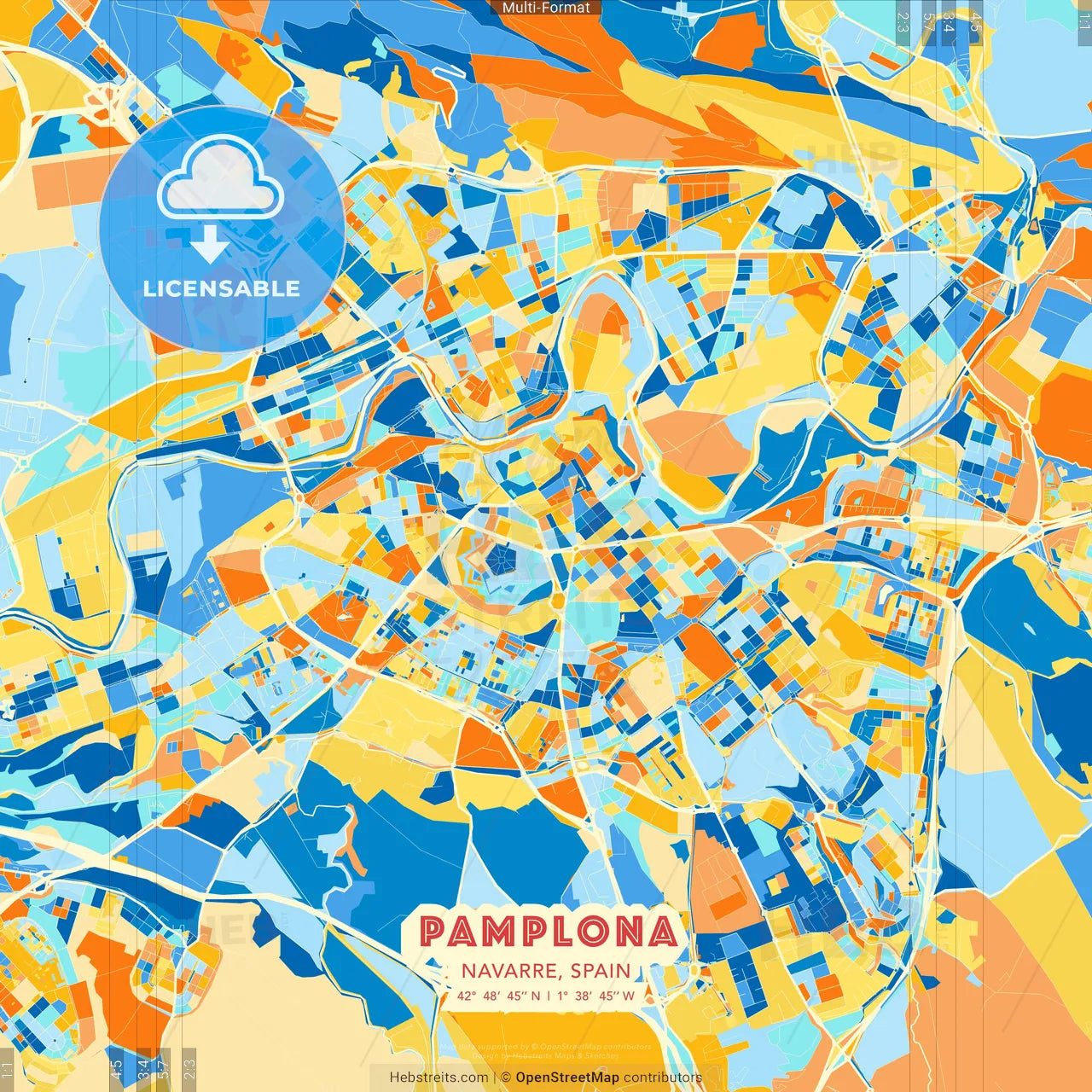 Pamplona, Navarre, Spain blue and orange vector art map template