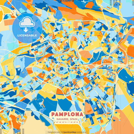 Pamplona, Navarre, Spain blue and orange vector art map template