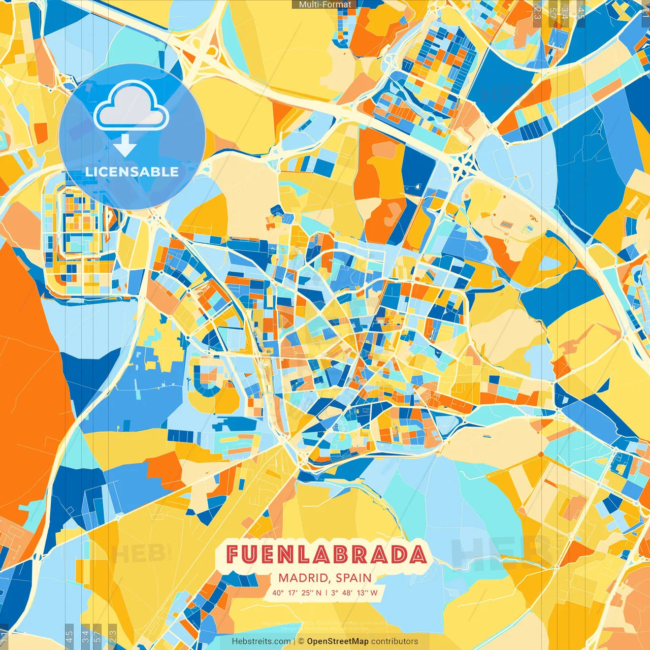 Fuenlabrada, Madrid, Spain blue and orange vector art map template