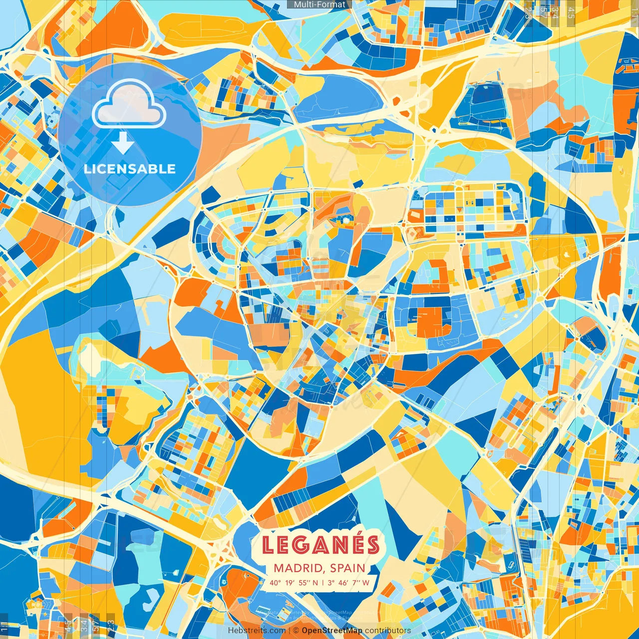 Leganés, Madrid, Spain blue and orange vector art map template