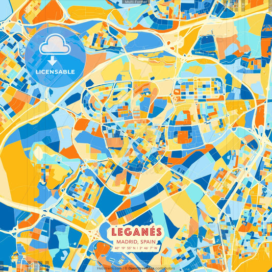 Leganés, Madrid, Spain blue and orange vector art map template