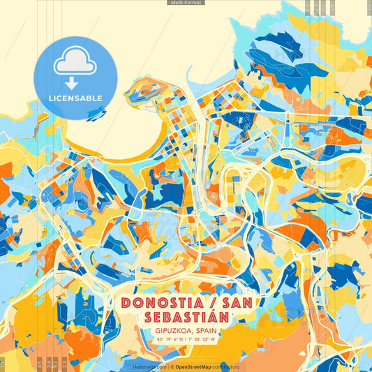 Donostia / San Sebastián, Gipuzkoa, Spain blue and orange vector art map template