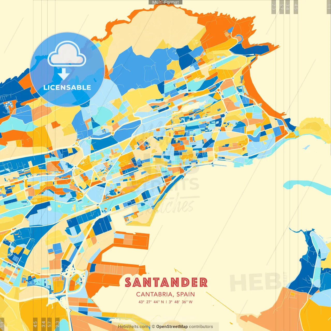Santander, Cantabria, Spain blue and orange vector art map template
