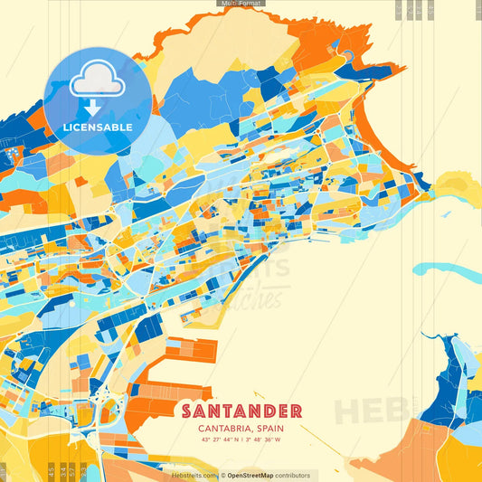 Santander, Cantabria, Spain blue and orange vector art map template