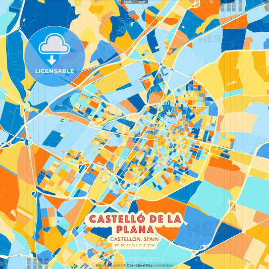 Castelló de la Plana, Castellón, Spain blue and orange vector art map template