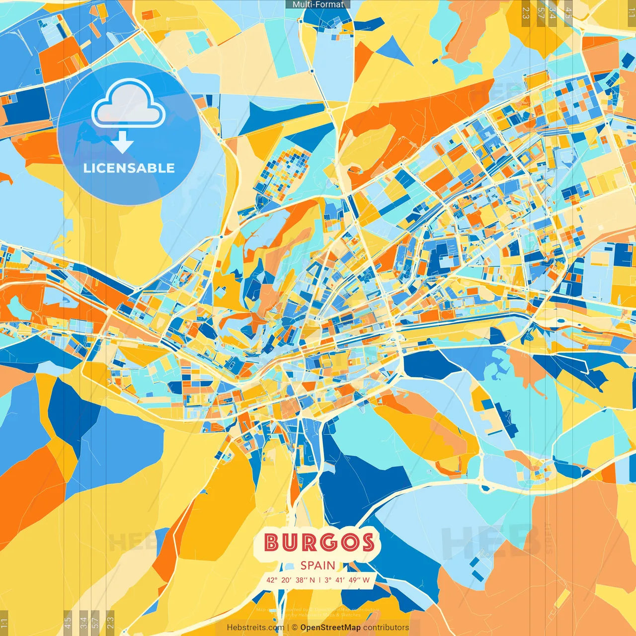 Burgos, Spain blue and orange vector art map template