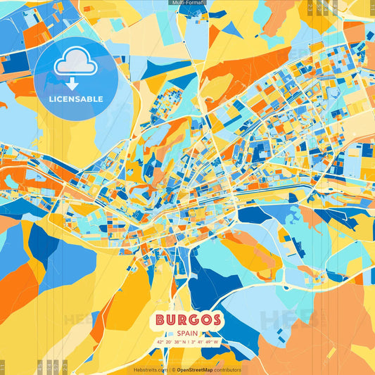 Burgos, Spain blue and orange vector art map template