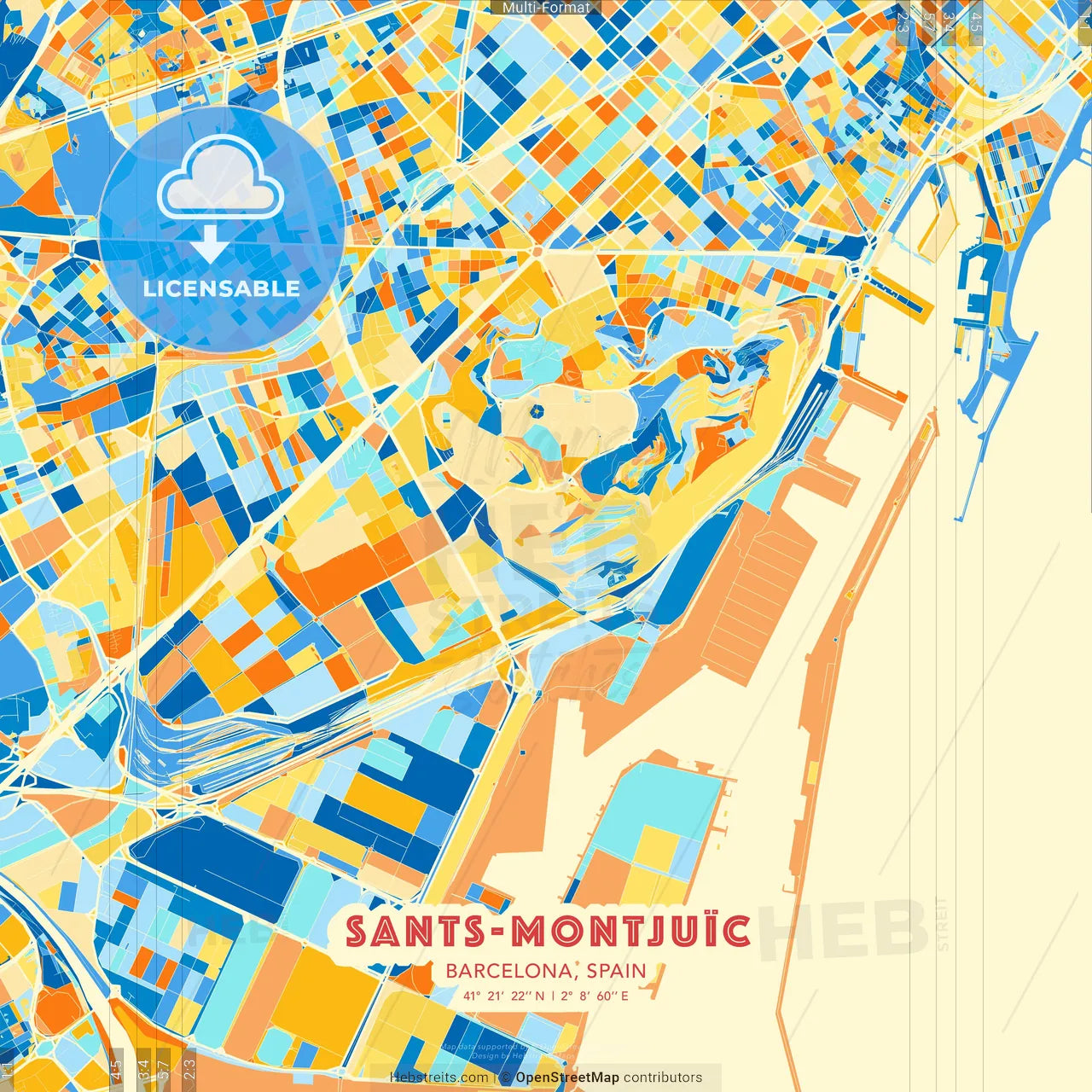Sants-Montjuïc, Barcelona, Spain blue and orange vector art map template