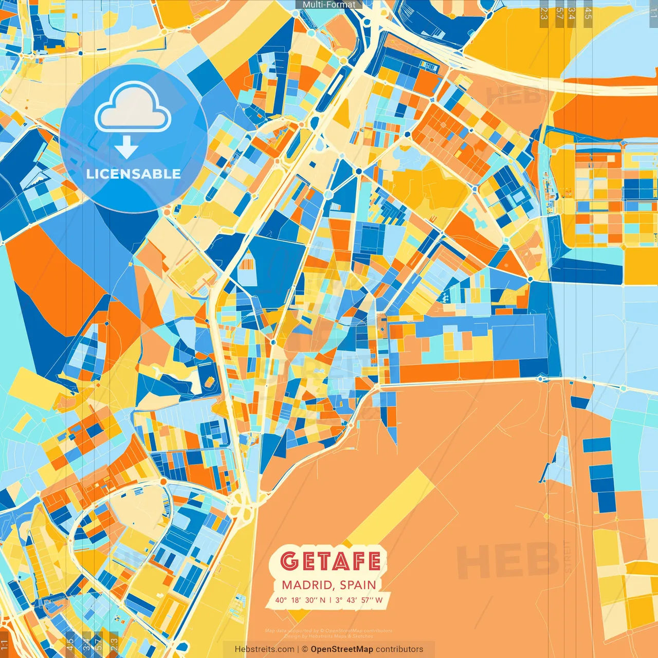 Getafe, Madrid, Spain blue and orange vector art map template