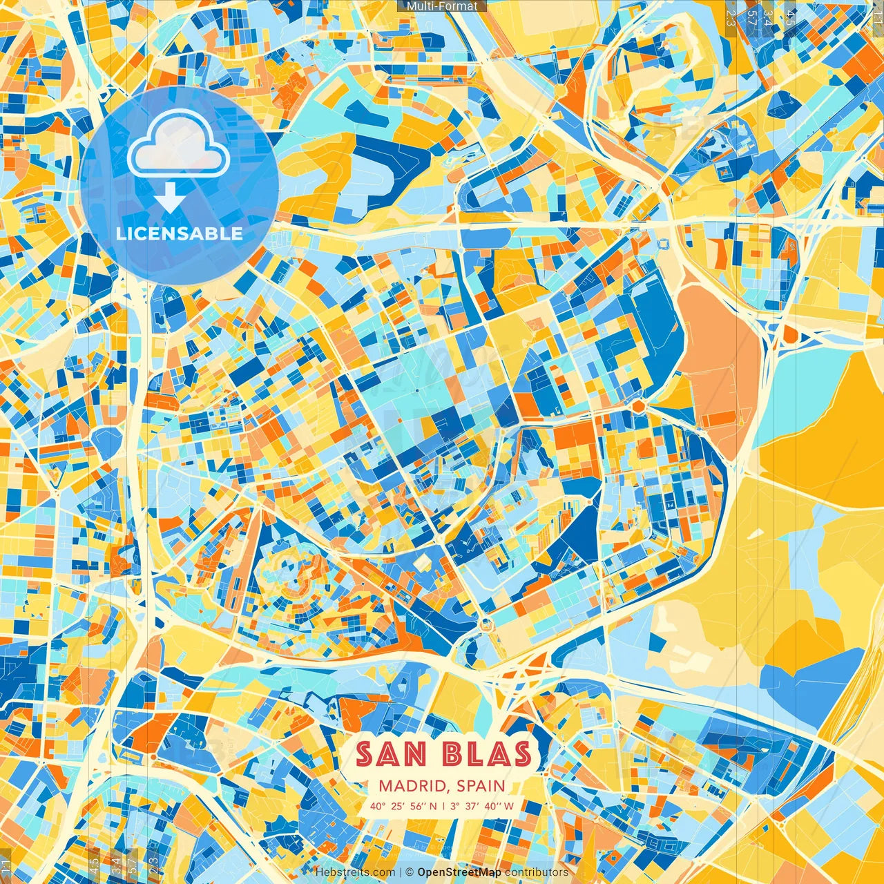 San Blas, Madrid, Spain blue and orange vector art map template