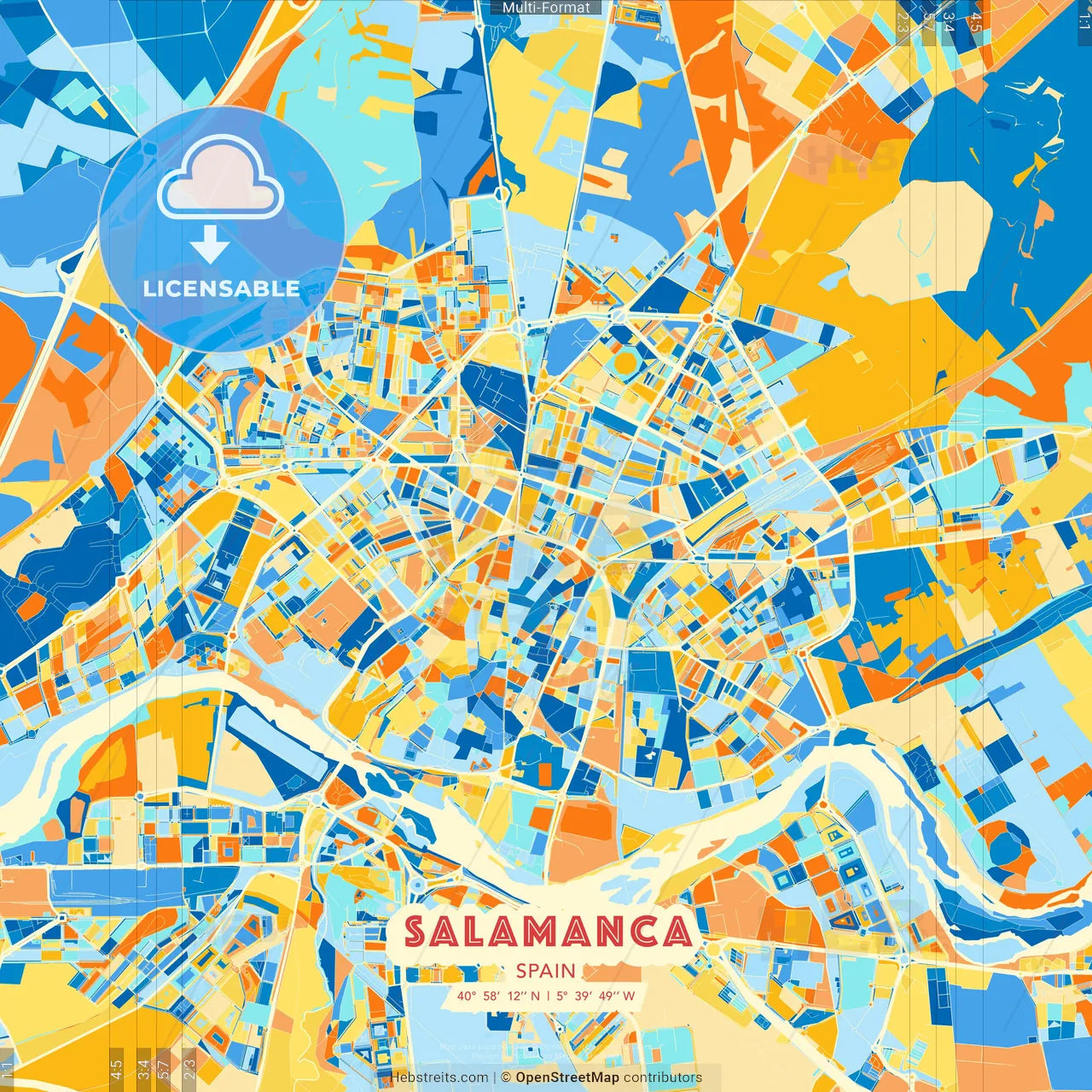 Salamanca, Spain blue and orange vector art map template