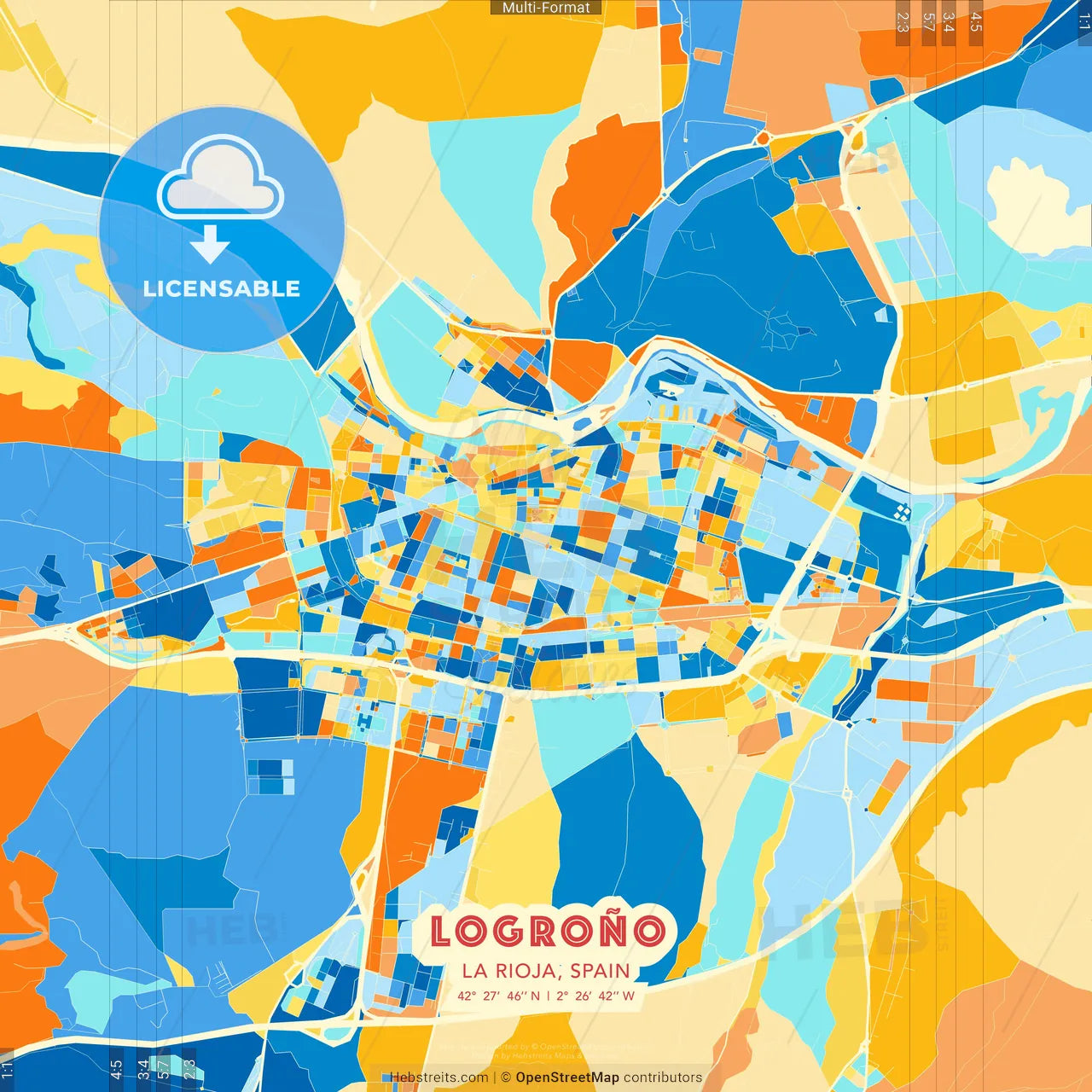 Logroño, La Rioja, Spain blue and orange vector art map template