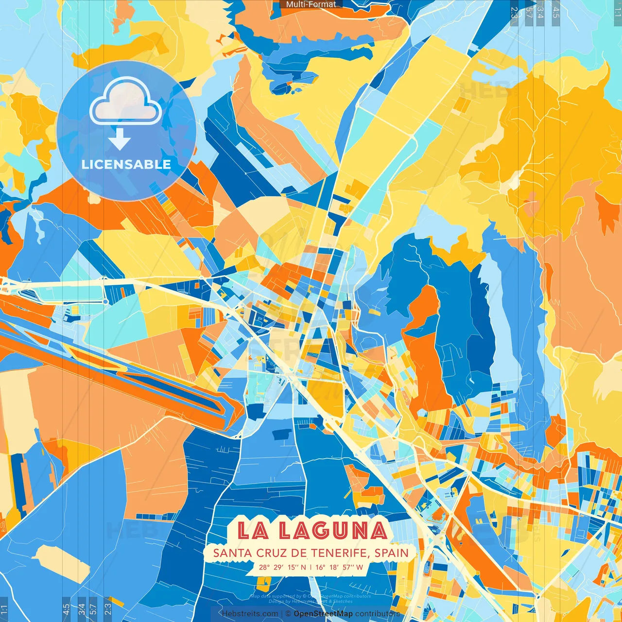 La Laguna, Santa Cruz de Tenerife, Spain blue and orange vector art map template