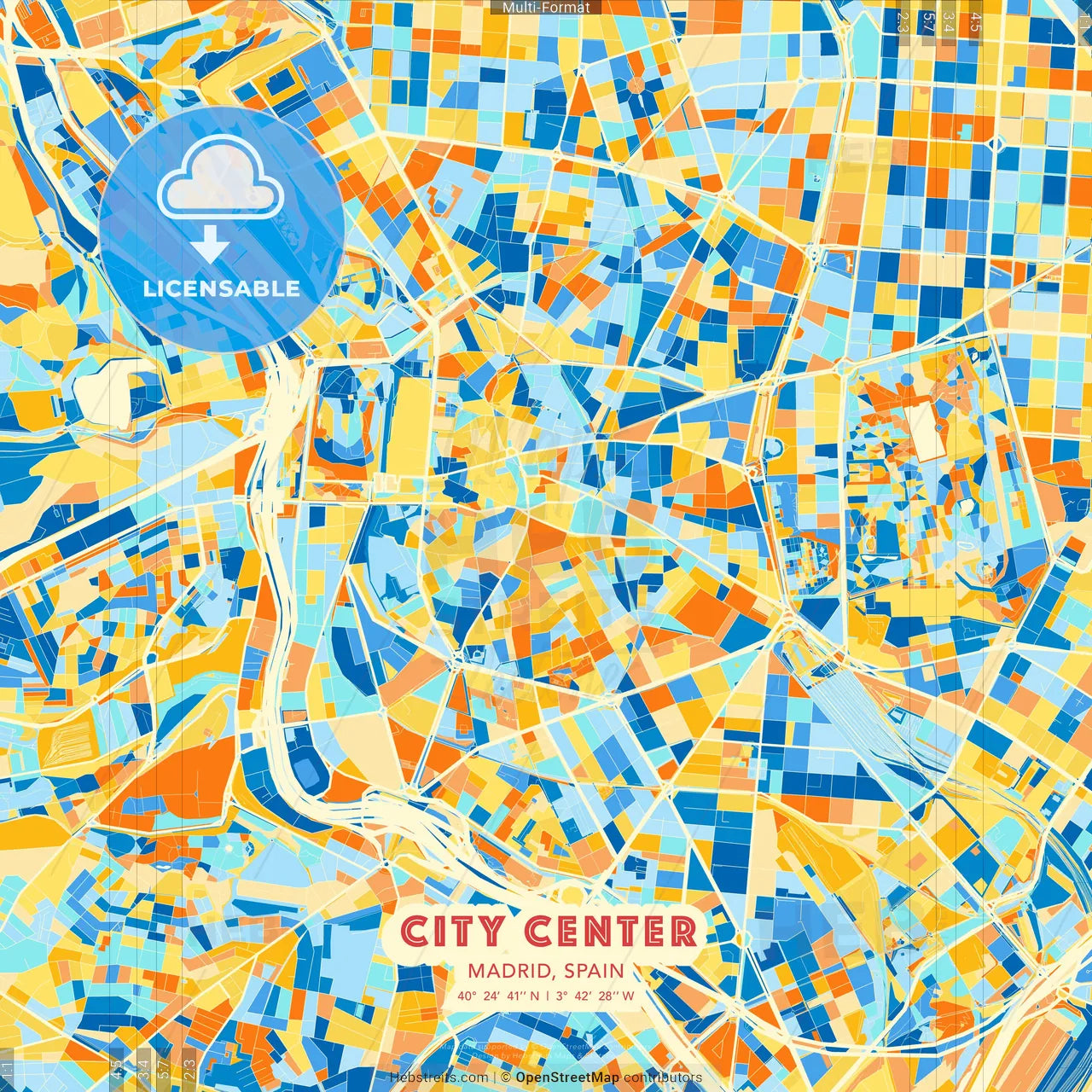 City Center, Madrid, Spain blue and orange vector art map template