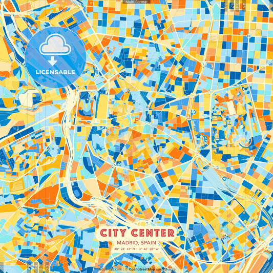 City Center, Madrid, Spain blue and orange vector art map template