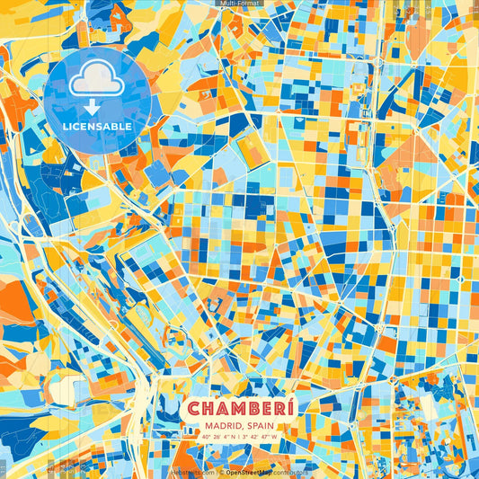 Chamberí, Madrid, Spain blue and orange vector art map template