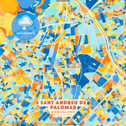 Sant Andreu de Palomar, Barcelona, Spain blue and orange vector art map template