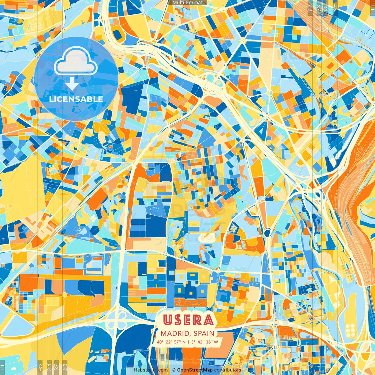 Usera, Madrid, Spain blue and orange vector art map template