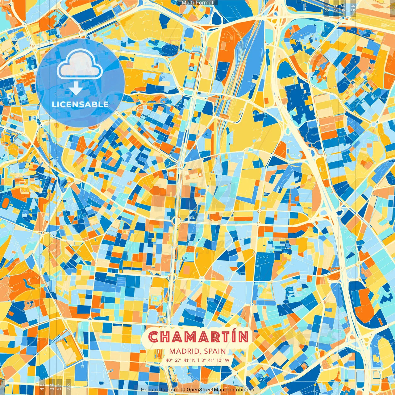 Chamartín, Madrid, Spain blue and orange vector art map template