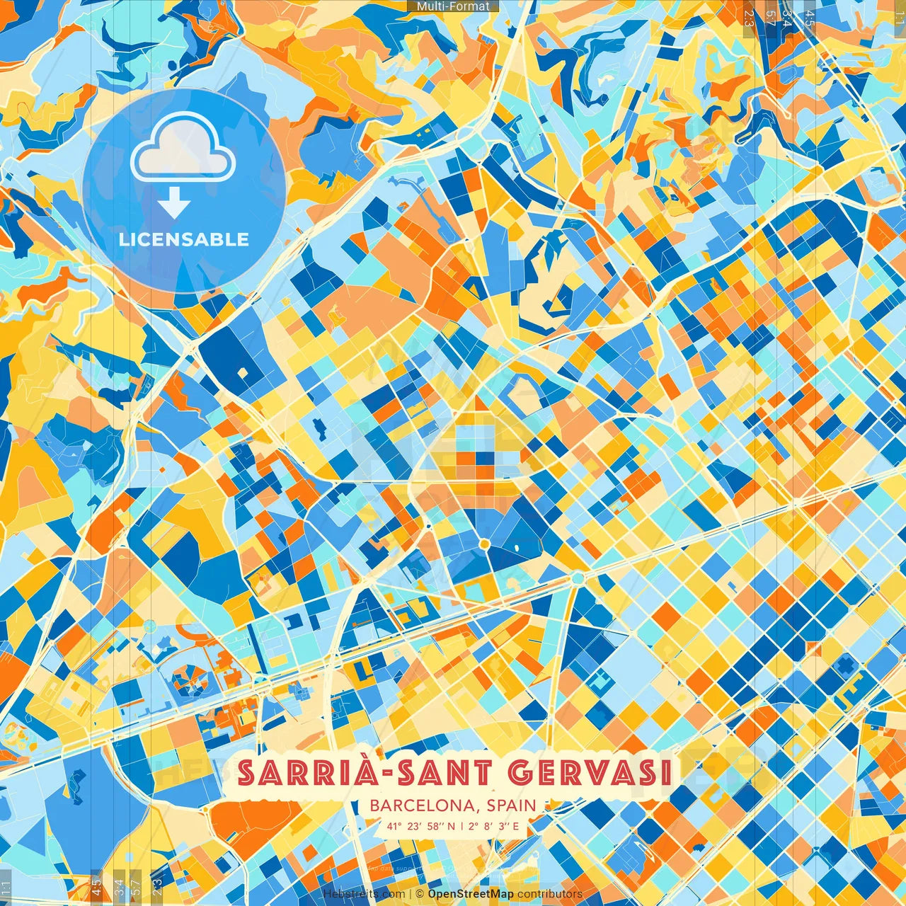 Sarrià-Sant Gervasi, Barcelona, Spain blue and orange vector art map template