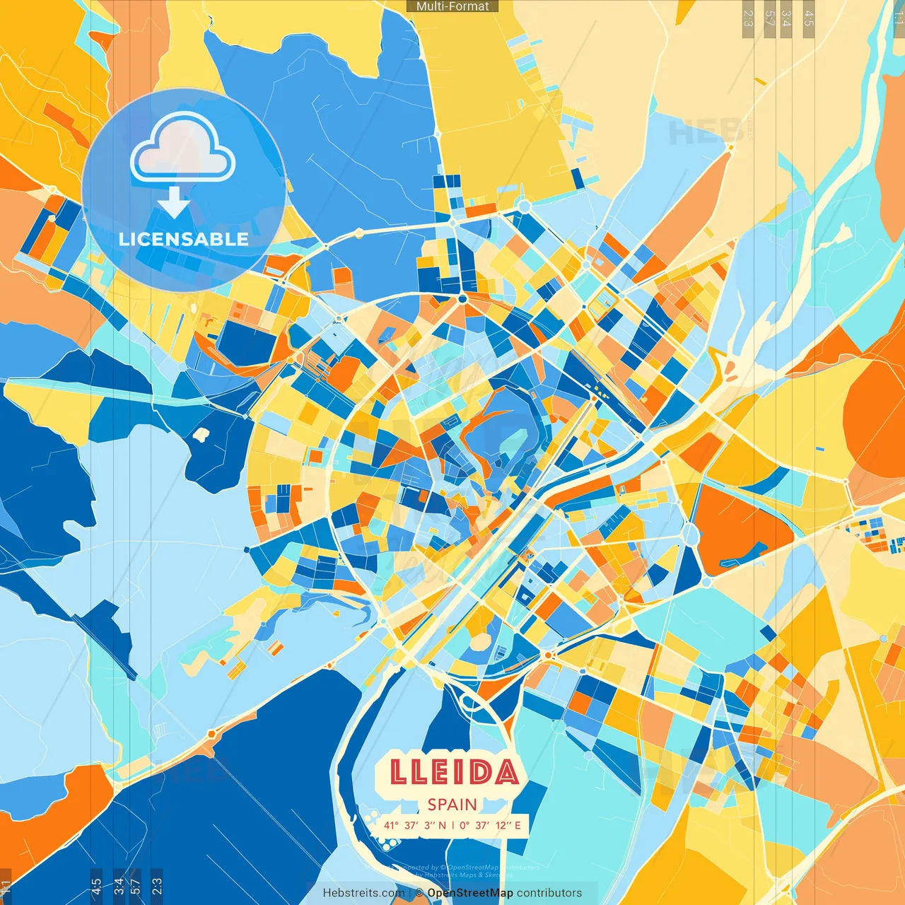 Lleida, Spain blue and orange vector art map template