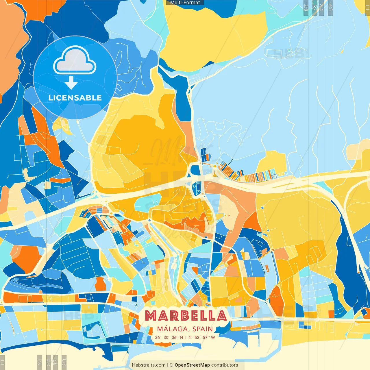 Marbella, Málaga, Spain blue and orange vector art map template