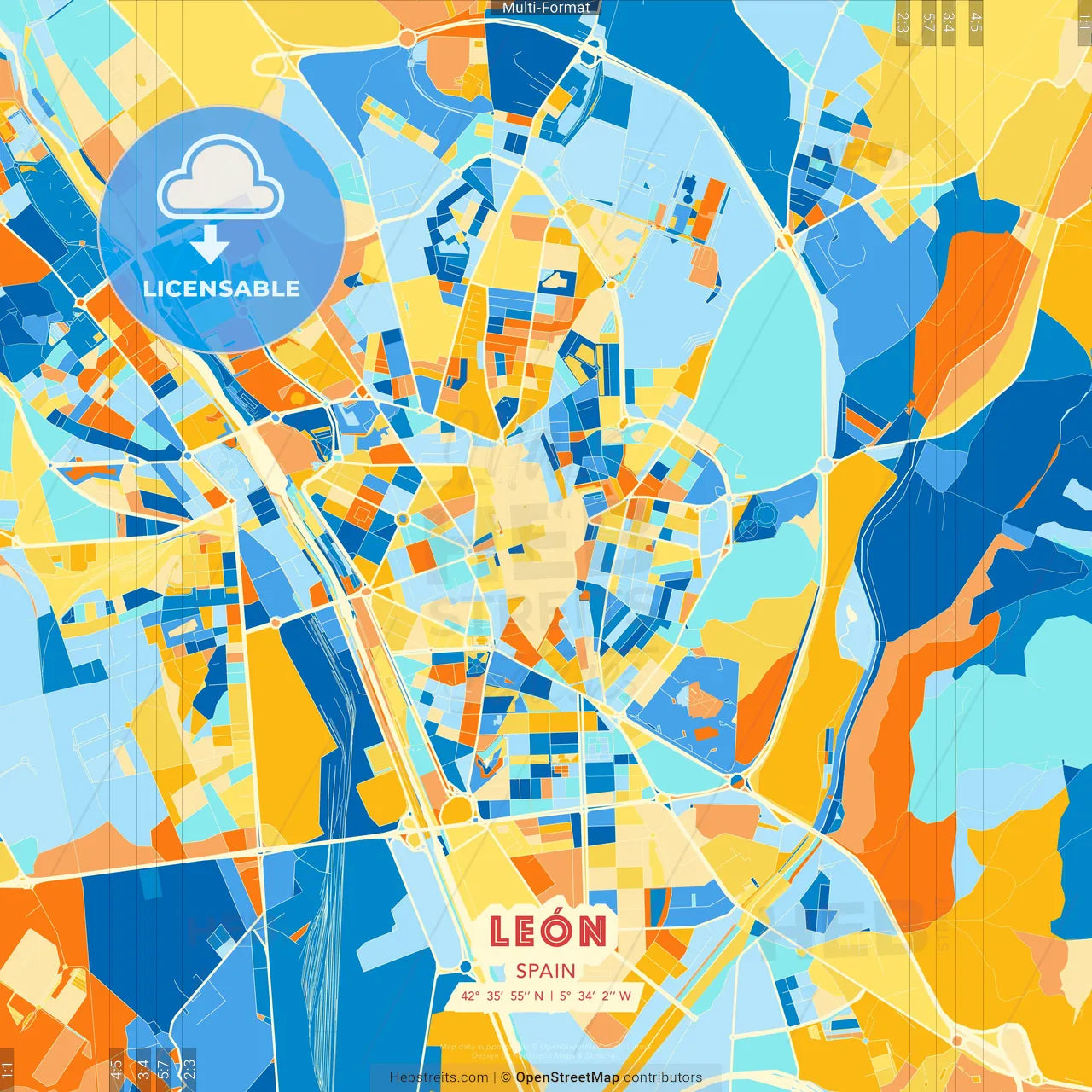 León, Spain blue and orange vector art map template