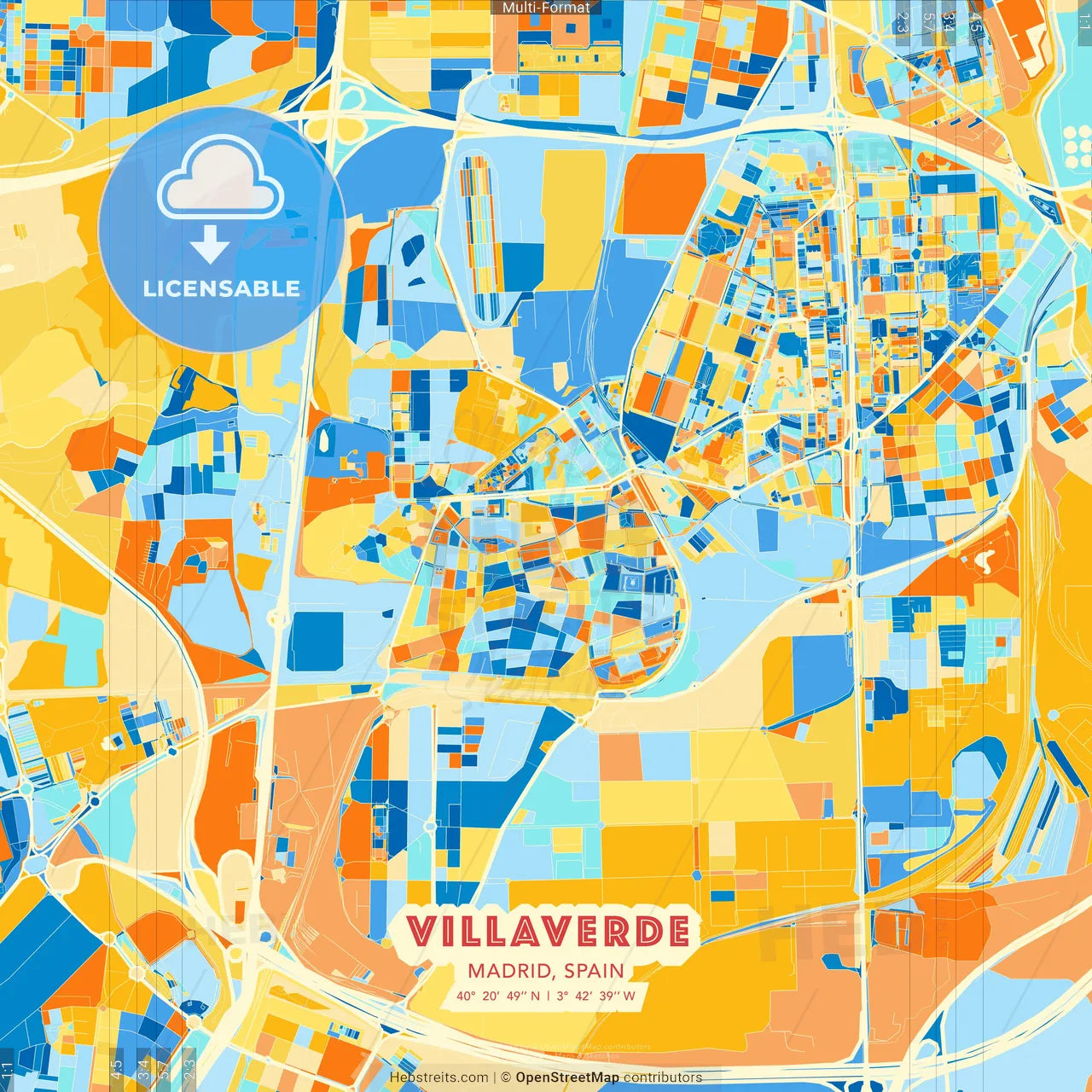 Villaverde, Madrid, Spain blue and orange vector art map template