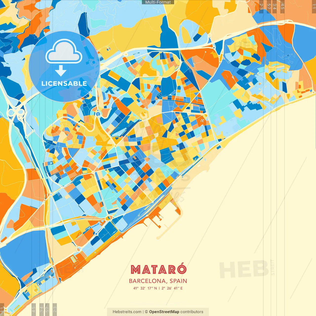 Mataró, Barcelona, Spain blue and orange vector art map template