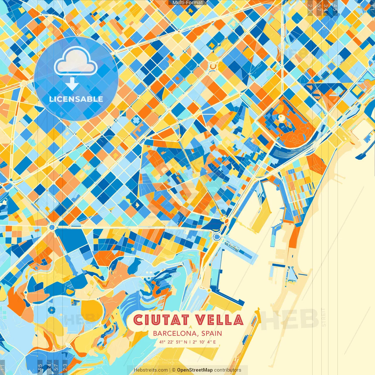 Ciutat Vella, Barcelona, Spain blue and orange vector art map template