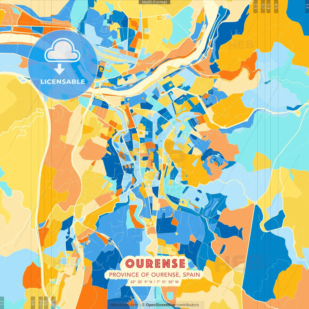 Ourense, Province of Ourense, Spain blue and orange vector art map template