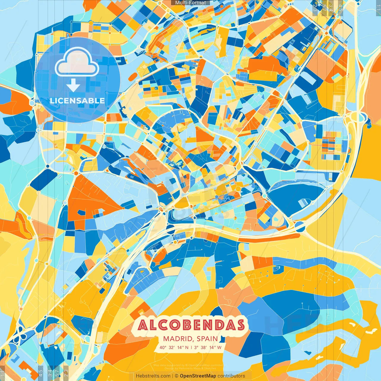 Alcobendas, Madrid, Spain blue and orange vector art map template