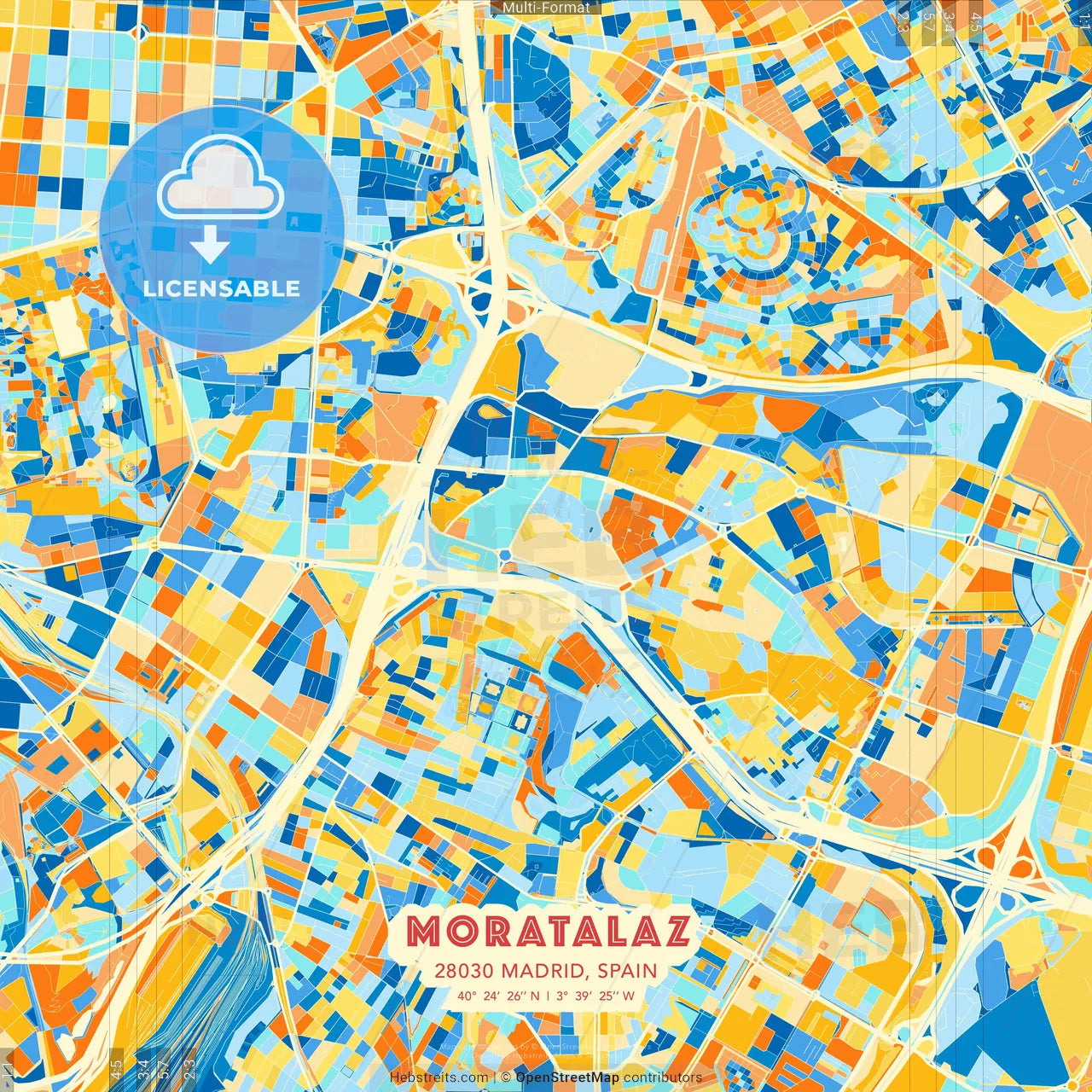 Moratalaz, 28030 Madrid, Spain blue and orange vector art map template