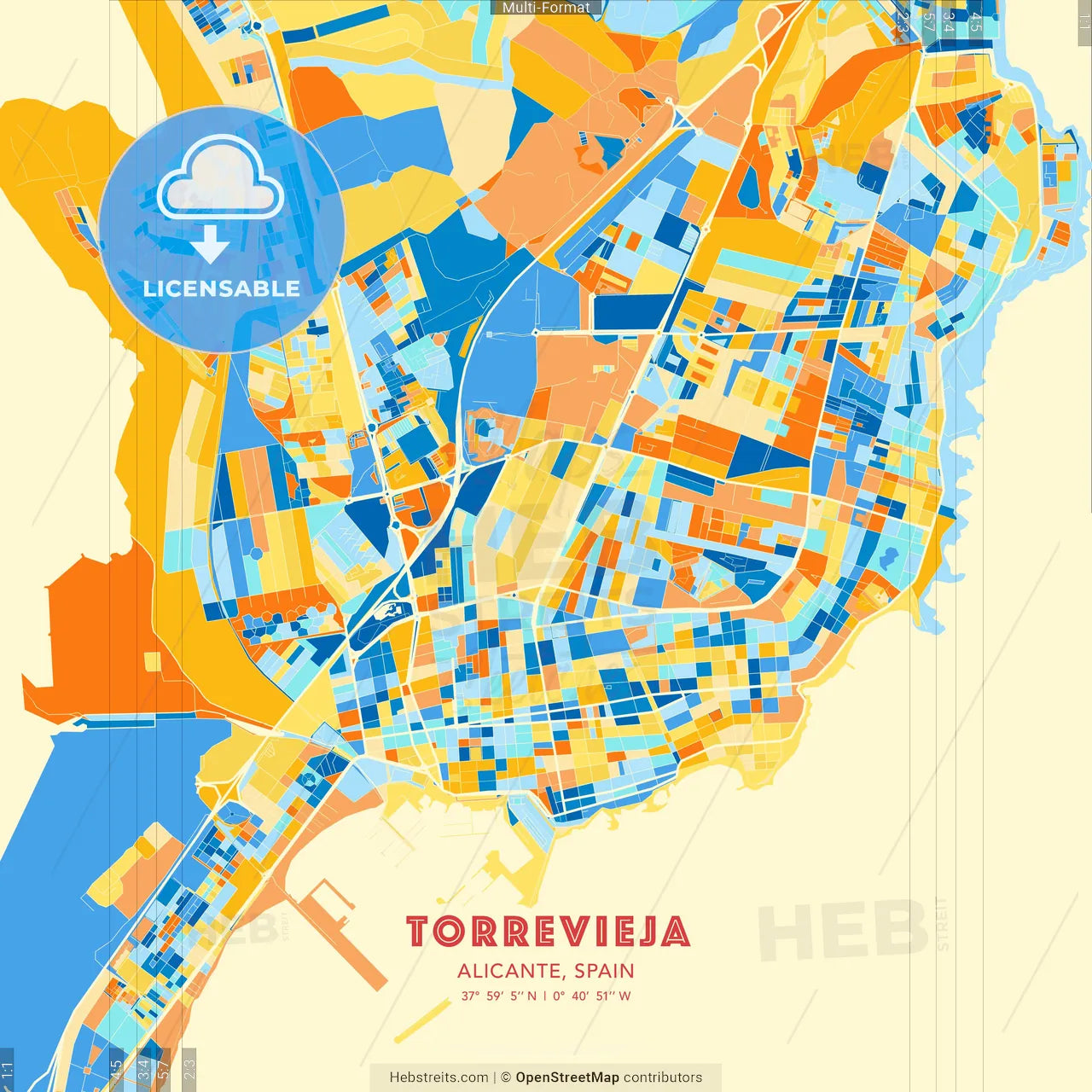 Torrevieja, Alicante, Spain blue and orange vector art map template